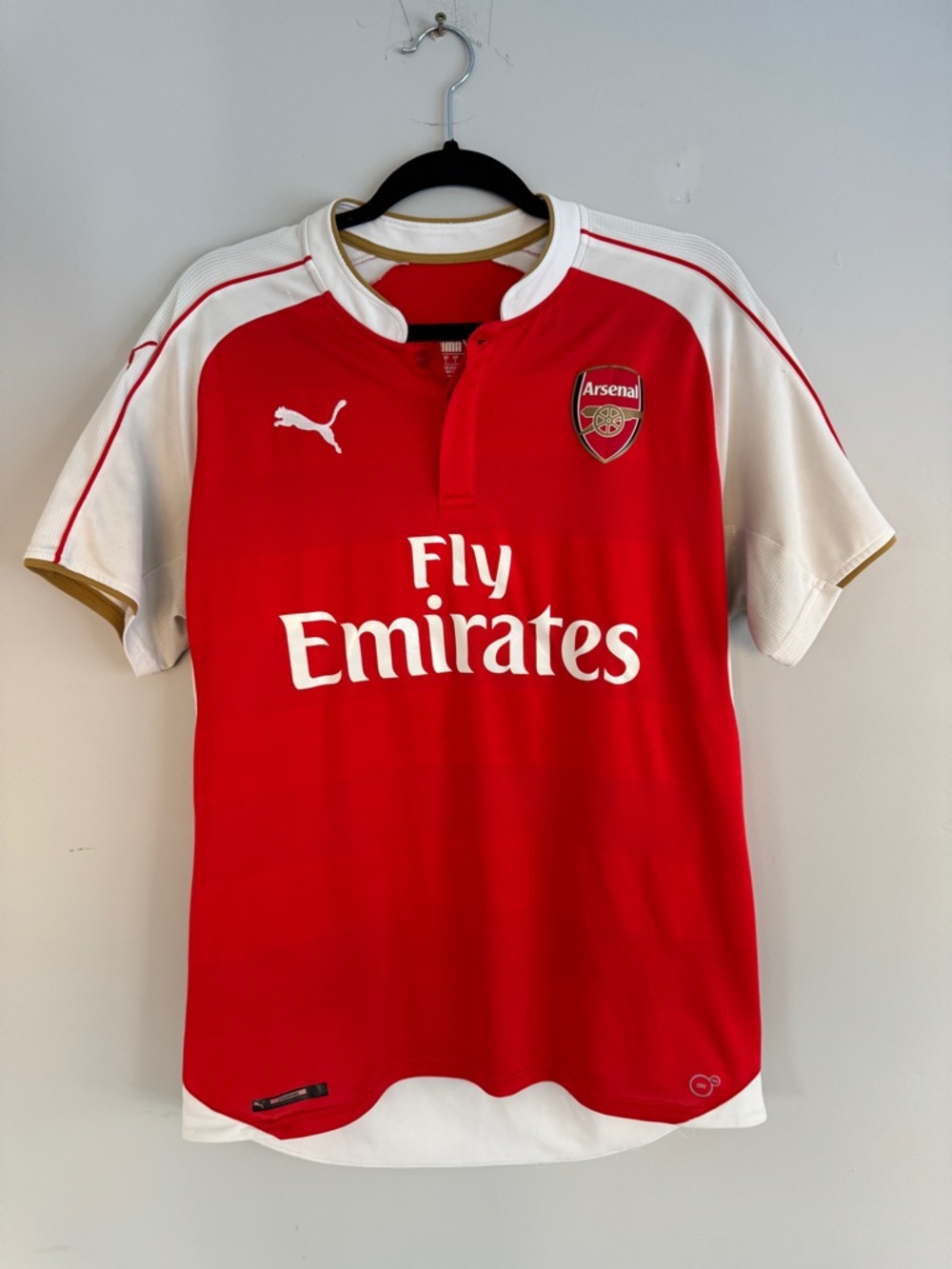 Puma Red and White Soccer Jersey with Gold Trim